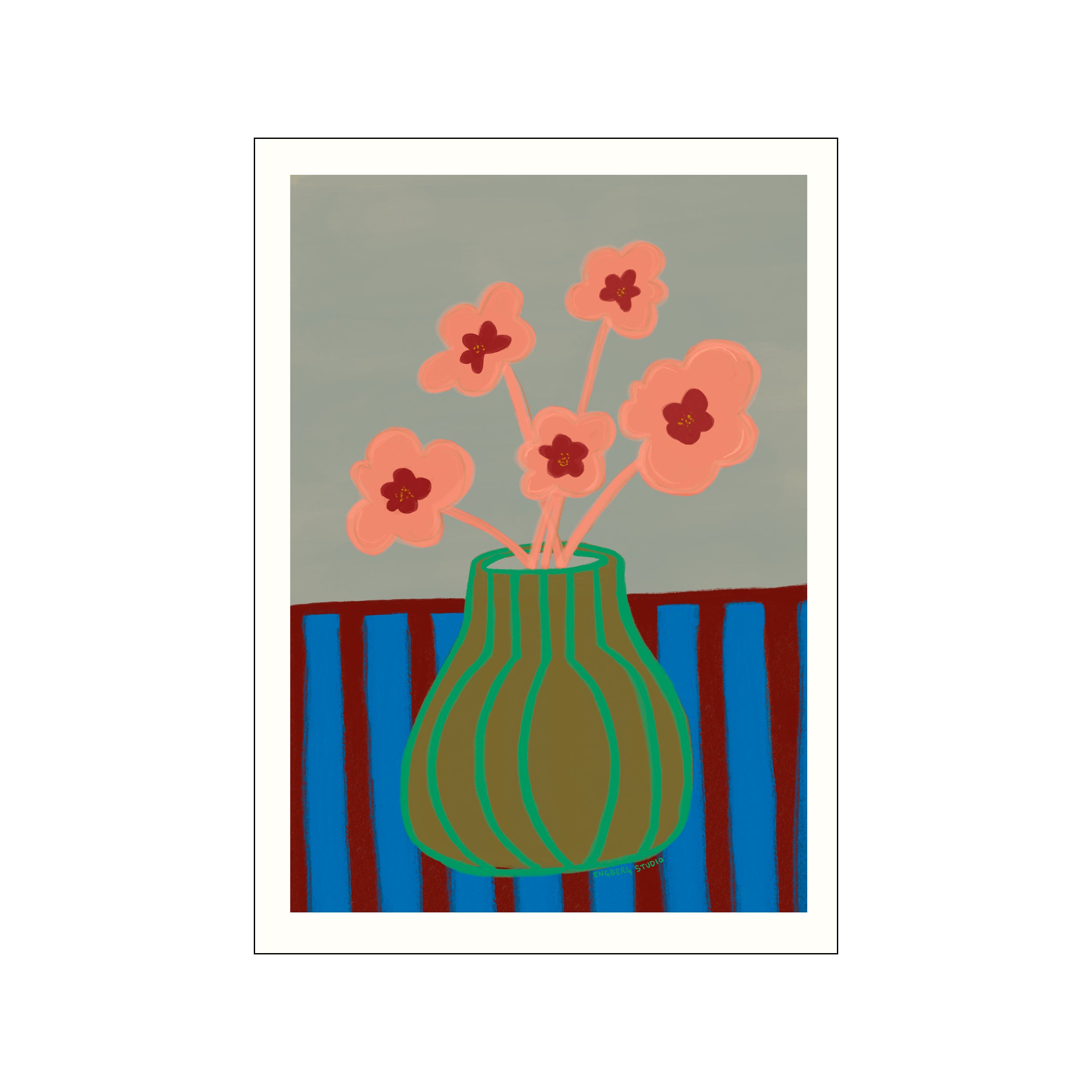 Kunstdruck Striped Vase with Pink Flowers