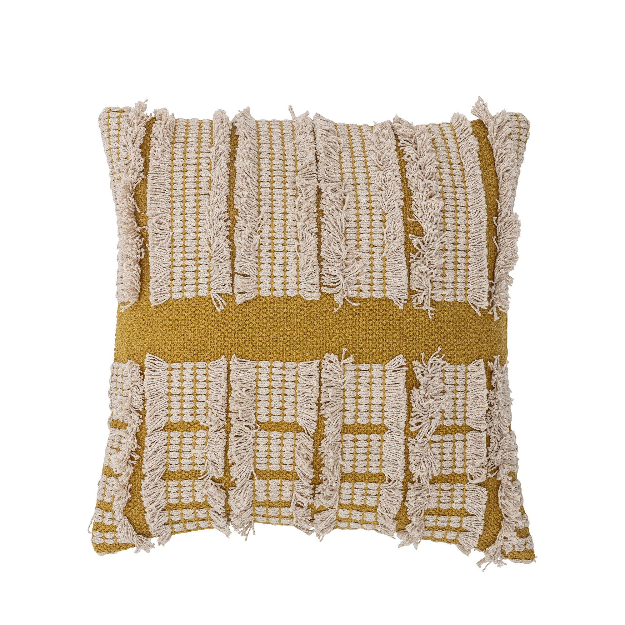 Kissen 'Cea' in Gelb aus 100 % Baumwolle – Skandinavisches Design mit schönen Baumwollwebungen und Fransenapplikationen für extra Gemütlichkeit.