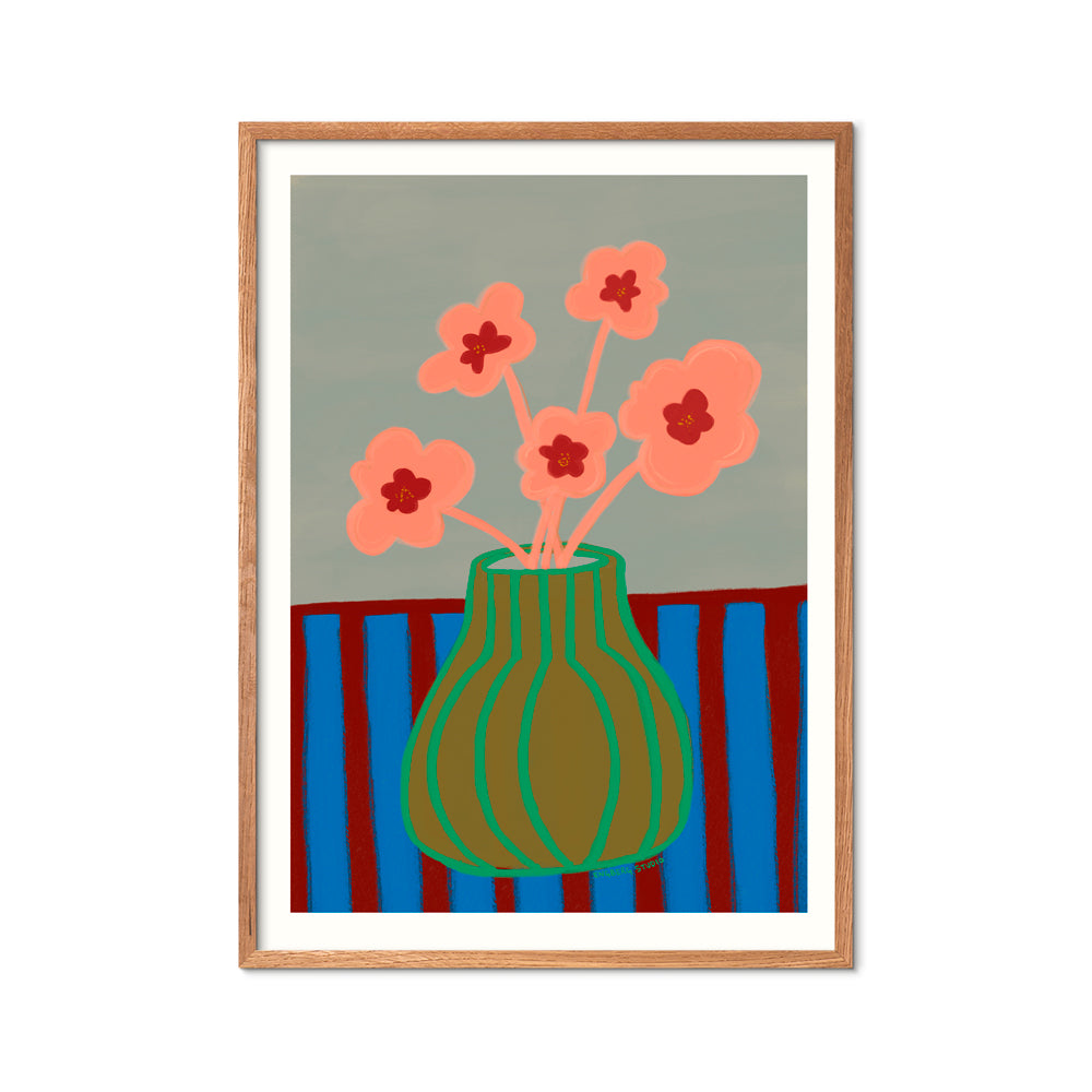 Kunstdruck Striped Vase with Pink Flowers