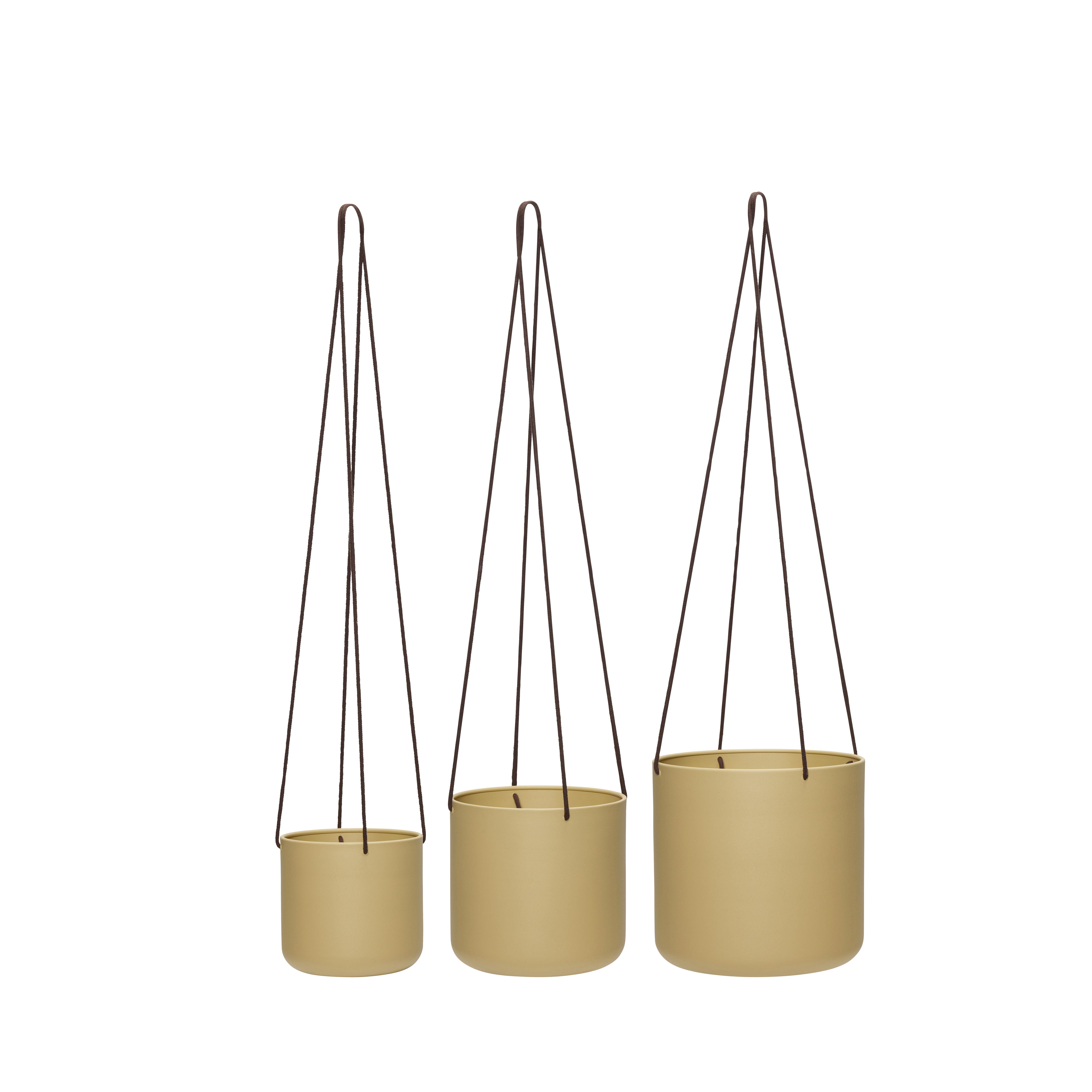 Das 'Bloom' Hängetöpfe-Set in Khaki besteht aus drei beigefarbenen Töpfen in verschiedenen Größen, gefertigt aus 100% Baumwolle und Eisen, jeweils mit brauner Schnur, perfekt für stilvolle Pflanzendisplays.