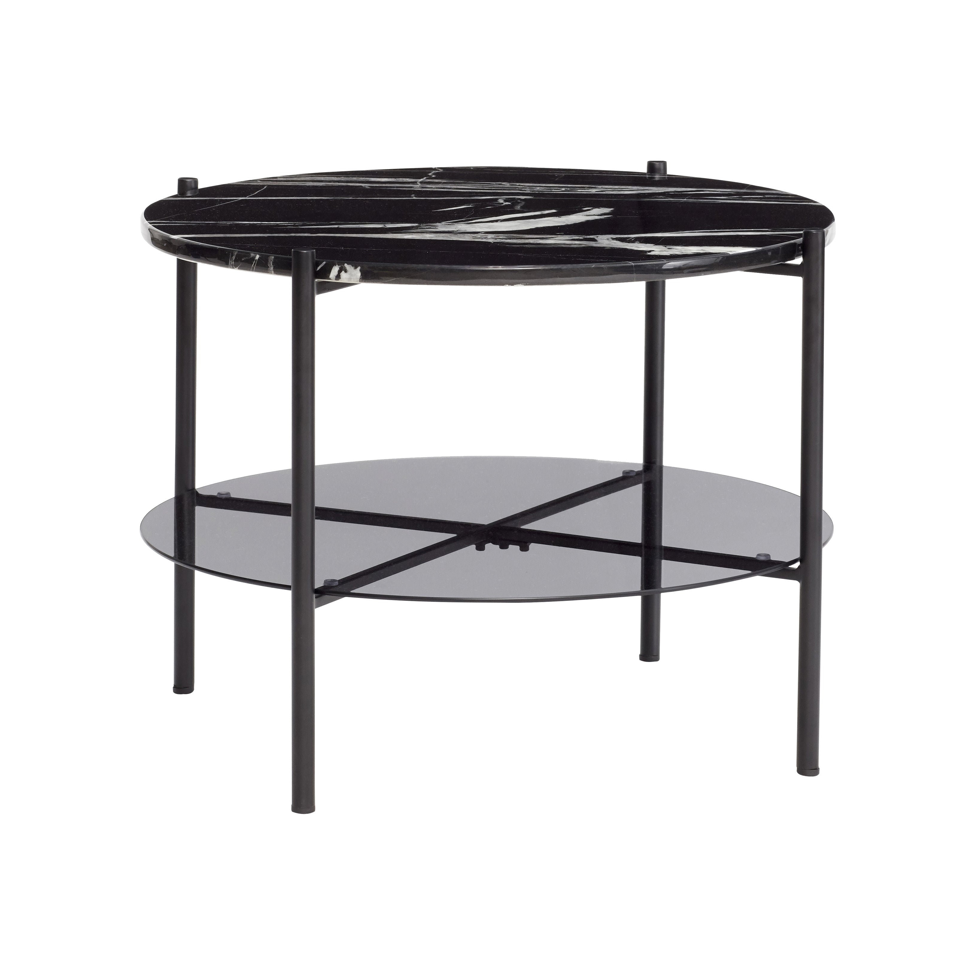 Der Couchtisch 'Stunning' in Schwarz vereint Glas, Metall und Marmor zu einem eleganten Möbelstück mit einem Hauch von Luxus und Glamour