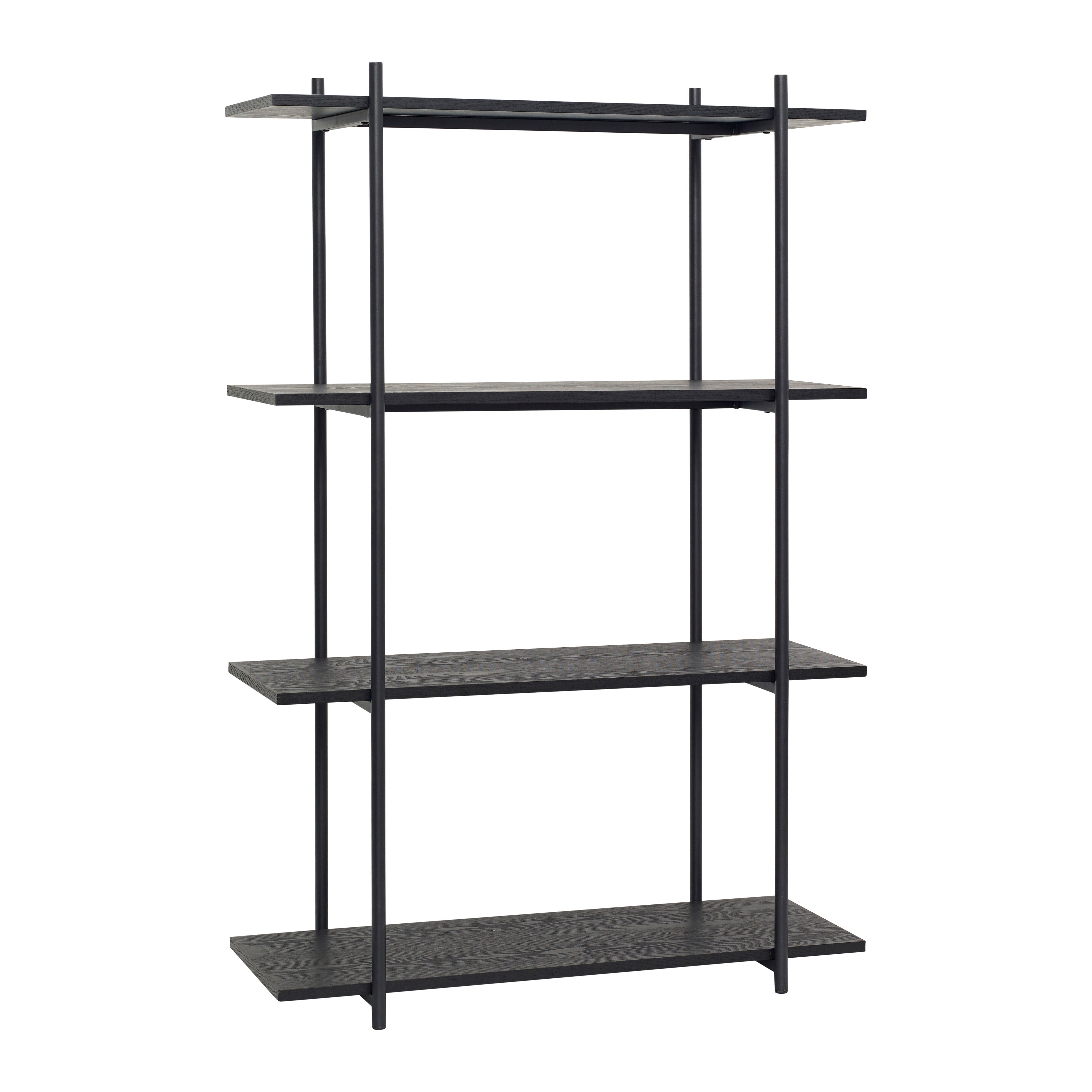 Das "Norm" Single Groß Regal in Schwarz bietet mit seinen vier Böden aus FSC-zertifiziertem Eschenholz und schwarzem Metallrahmen einen modernen und eleganten Stauraum für Ihr Zuhause